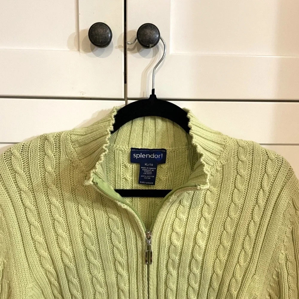 Lime Green Zip-up 100% Cotton splendor! Sweater - Picture 3 of 3
